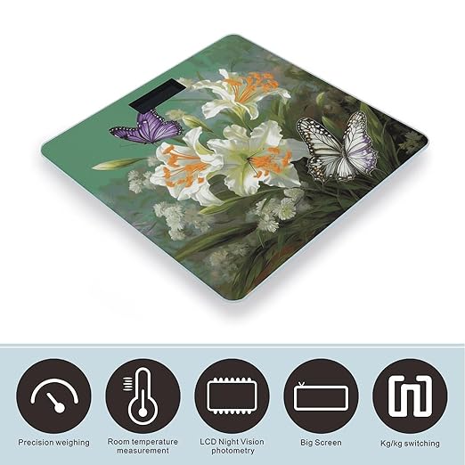 Lilies and Butterfly Smart Scale for Body Weight Accurate Bathroom Scale with LED Display Digital Weight Scales Weighing Machine High Precision Scales for Bath Home