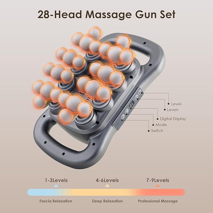 28 Head Massage Gun Set Deep Tissue Percussion Massager Electric Massage Tools with 9 Styles &amp Levels Dark Grey