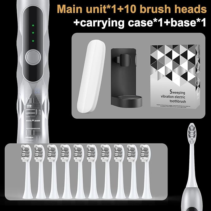 Oscillation&ampVibration Sonic Electric Toothbrush for Adults with 10 Brush Heads for Travel &amp Teeth Care 48000VPM Motor 5 Cleaning Modes 2 Min Timer (Silver)