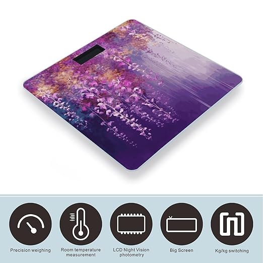 Abstract Purple Weeping Flower Scale for Body Weight Sturdy Tempered Glass Weighing Scales with LCD Display Accurate Digital Bathroom Scale Convenient Body Fat Smart Scales 400lb