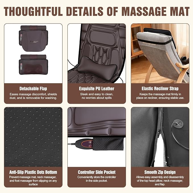 Full Body Massage Mat with Heat Detachable Shiatsu Neck and Foot Massager Vibration Massage Mat for Back Pain Relief 9 Modes 3 Timers Inflatable Lumbar Pillow Home Office Gift for Men Women