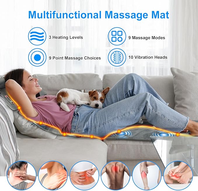 Full Body Massage Mat with Heat &amp Neck Lumbar Massager PillowMultifunctional Back Heated Mattress Pad with 10 Vibration Motors 3 Heating Pads &amp 9 Massage Modes for Neck Back Leg Pain Relief