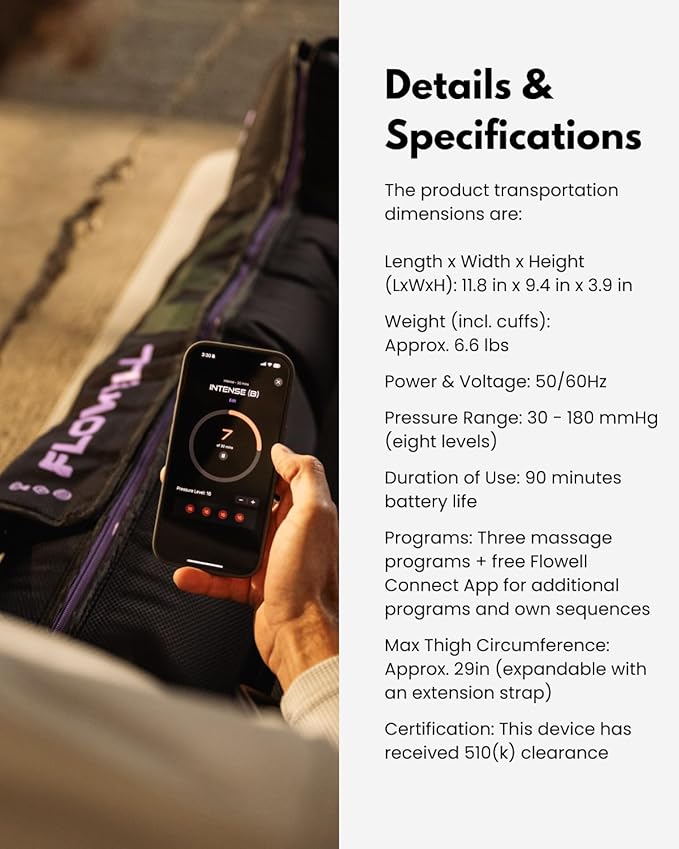 Flowell Air Pressure Therapy System – FDA Cleared (K233238) Sport Mobile Compression Pants – App-Controlled 4-Chamber Leg Compression Sleeves for Post-Workout Recovery &amp Circulatory Support