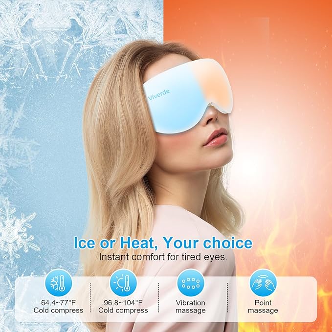Eye Massager with Heat and Cooling Therapy Vibration &amp Bluetooth Music – 4 Adjustable Modes for Eye Fatigue Relief and Relaxation – Rechargeable Portable 2400mAh Battery