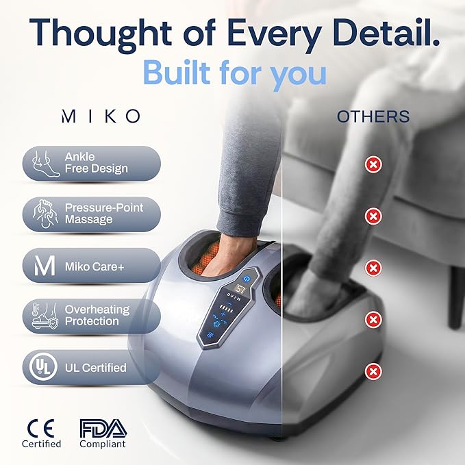 MIKO Foot Massager Machine with Deep-Kneading Compression Shiatsu and Heat for Plantar Fasciitis Neuropathy - Fits up to Men Size 12