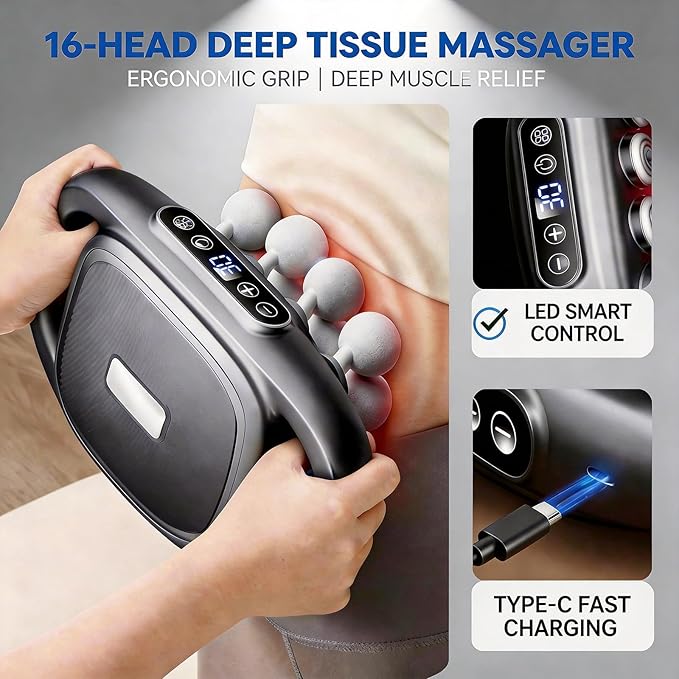 Deep Tissue Massage Gun 16 Head Percussion Massager with Heat &amp 3 Modes 30 Adjustable Intensities Low Noise Portable Electric Massager for Muscles Back Waist Legs