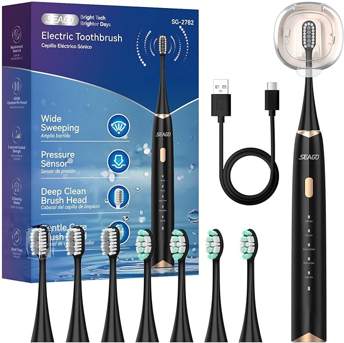SEAGO Electric Toothbrush for Adults with Pressure Sensor Sonic Toothbrushes Holder Wall Mounted 30 Days Battery Life 5 Cleaning Modes 8 Replacement Heads Timer &amp IPX7 Waterproof (Black Midd
