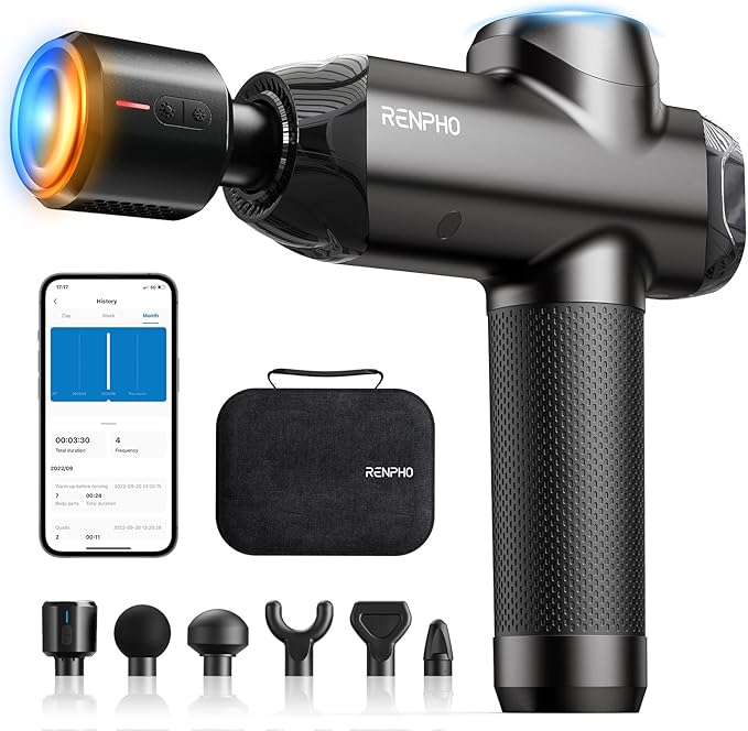 RENPHO Power+ Thermacool Massage Gun with Heat and Cold 12mm Amplitude Deep Tissue Percussion Massager for Professional Athletes App Controlled Guided Courses 6 Speeds 6 Attachments Carry Case