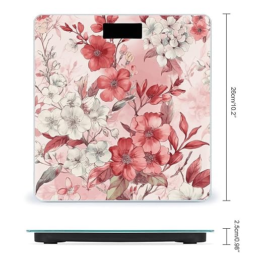 Peach Floral Pattern Scale for Body Weight Anti-Slip Tempered Glass Digital Bathroom Scales Clear LCD Display Weighing Scale Safe Rounded Corners Smart Scales
