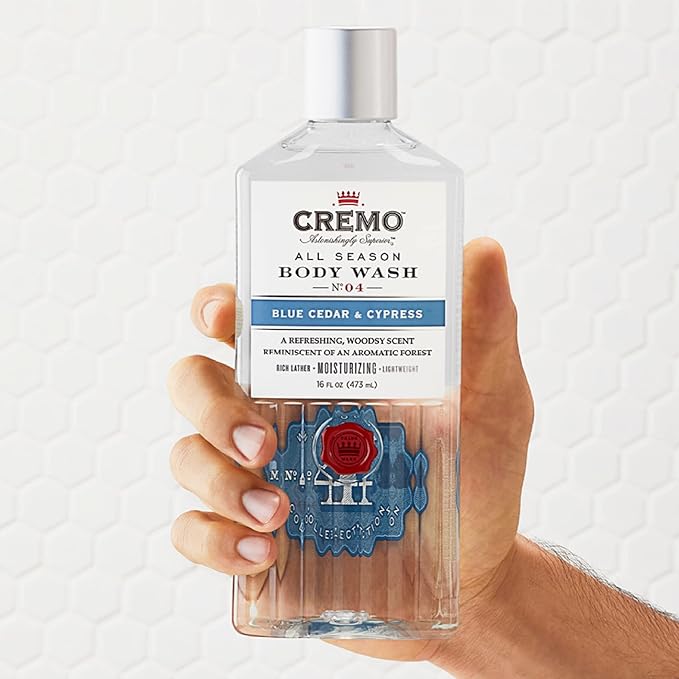 Cremo Men's Body Wash Bundle with 16 Fl Oz Blue Cedar &amp Cypress and 16 Fl Oz Vintage Suede Scents
