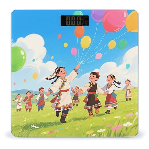 Kids Dancing on Grassland Weight Scale Cute Bathroom Scale for Body Highly Accurate Digital Weighing Machine for People Compact LCD Display Scales with Sturdy Toughened Glass Scales