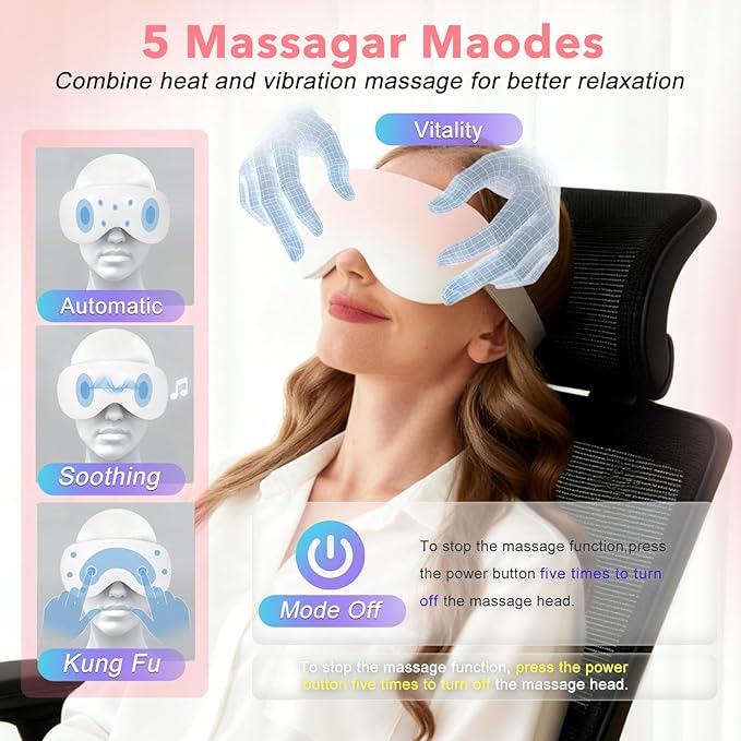 Eye Massager with Heat and Cooling for Migraines – 14 Massage Nodes for Eye Strain Relief Rechargeable Bluetooth Music Improve SleepEye Strain Relief Birthday Gifts for Women and Men(Pink)