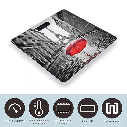 Eiffel Tower Paris Red Umbrella Scale for Body Weight Sturdy Tempered Glass Weighing Scales with LCD Display Accurate Digital Bathroom Scale Convenient Body Fat Smart Scales Easy Read