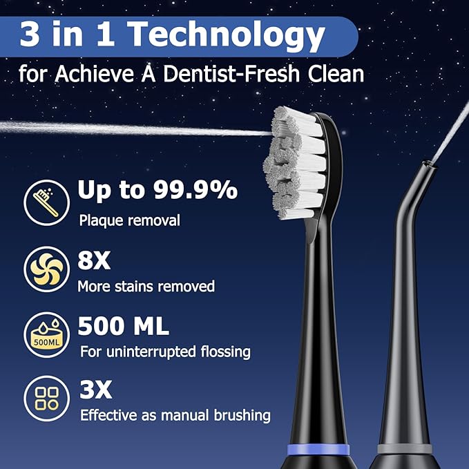 Electric Toothbrush with Water Flosser Upgrade Flossing Toothbrush Combo with 3 Brush 5 Floss Speeds&amp 3 Brush Modes 500mL Tank 30-Day Battery for Adults &amp Teens Gums Braces-Black