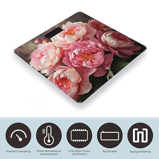 Peony Flowers Blossom Bathroom Scale Large LCD Backlight Display Digital Scale Rounded Corners Body Scales Automatic Power On/Off Bathroom Scales for Home Bedrooms