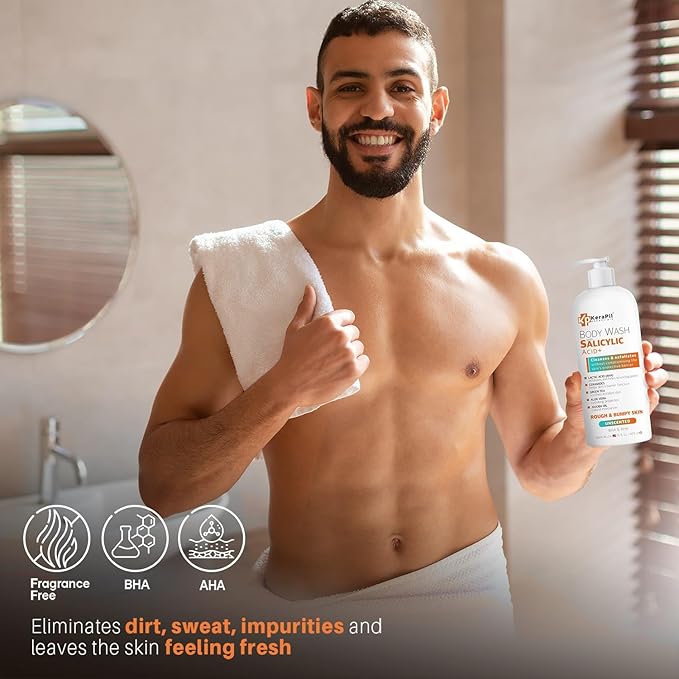 Salicylic Acid Body Wash - Skin Non-drying Gentle Exfoliates Rough and Bumpy Skin Body Acne Wash BHA &amp AHA - Unscented Exfoliating Body Wash Made in USA - (16 fl oz x 2)