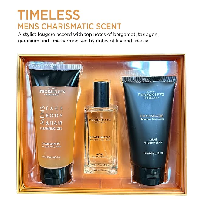 Pecksniff's Fragrance Gift Sets Luxurious Handcrafted in England (Men's Charismatic Trio: Eau de Toilette Aftershave Balm Cleansing Gel Set)