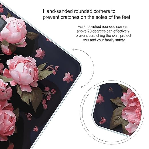 Peony Flowers Scale for Body Weight Anti-Slip Digital Bathroom Scale Sturdy Toughened Glass Weighing Scales High Precision Safe Rounded Corners Smart Scales