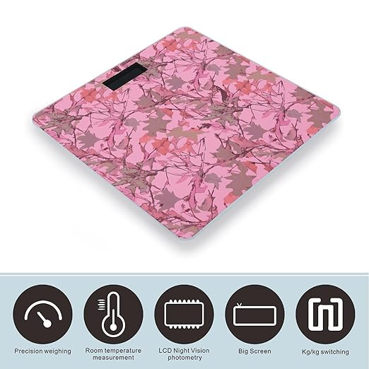 Pink Leaves Camo Bathroom Scale Automatic Power On/Off Body Scales LCD Backlight Display Square Digital Scale Rounded Corners Bathroom Scales for Home Bedrooms