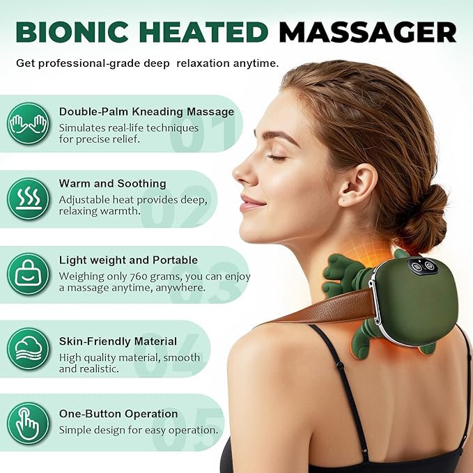 Neck Massager with Fingers Green Neck and Back Massager with Hand for Pain Relief Deep Tissue Hand Massager with Heat and Compression Bionic Electric 4D Kneading Thera Palm Massage