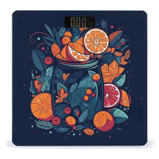 Hand Drawn Fruit Pattern Scale for Body Weight Precision Bathroom Weighing Scales with Back Lit LCD Display Sturdy Tempered Glass Body Weight Scales Digital Bathroom Scale 400lb