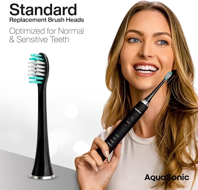 AquaSonic Genuine Standard Replacement Brush Heads | ADA Accepted | for Normal &amp Sensitive Teeth | Compatible with Many AquaSonic Toothbrush Handles (8 Pack Black)