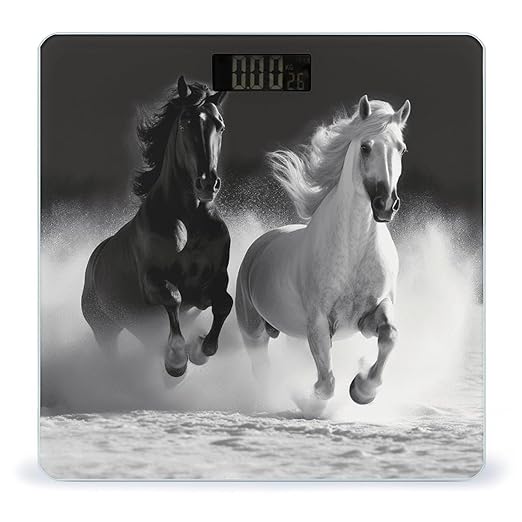 Black and White Horses Running Bathroom Scale Large LCD Backlight Display Digital Scale Rounded Corners Body Scales Automatic Power On/Off Bathroom Scales for Home Bedrooms