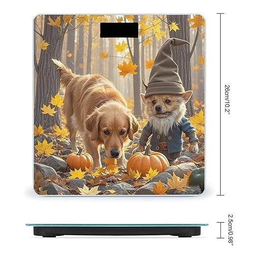 Dog and Maple Leaves Bathroom Scale for Body Weight Bathroom Weighing Scales with Back Lit LED Display Sturdy Tempered Glass Body Weight Bathroom Scale 400lb Weighing