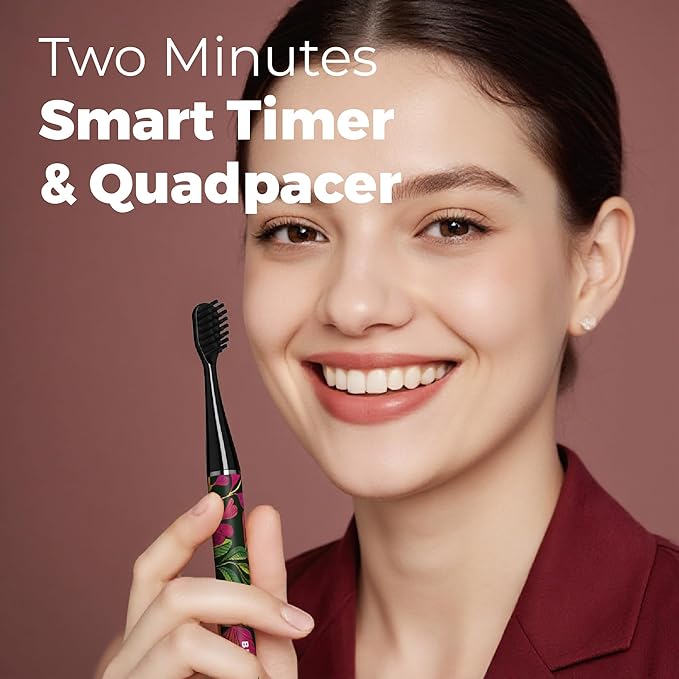 MIPOW Brush GO SlimPro i4 Electric Toothbrush Rechargeable Smart Ultra Sonic 3 Modes Travel Case &amp Ceramic Dock 60Day Battery Soft Bristles 2 Heads IPX7 Waterproof Color-TropicVibe