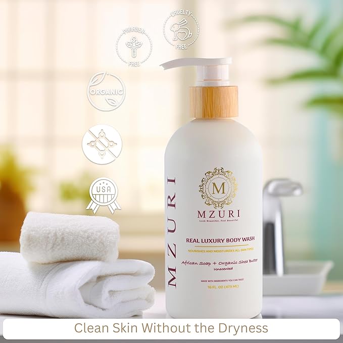 MZURI Unscented Body Wash African Black Soap Organic Shea Butter and Calendula Moisturizing Hydrating and Gentle Formula for Dry Sensitive Skin Paraben-Free Luxury Body Wash - 16 Fl. Oz