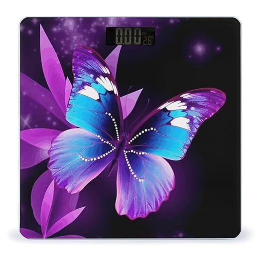 Blue Purple Butterfly Scale with LCD Precision Weighing Scales Sturdy Tempered Glass Weight Scales Easy-to-Read Anti-Slip Weight Digital Bathroom Scale for Daily