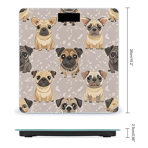 Cute Chihuahua Pug Pattern Bathroom Scale for Body Weight Bathroom Digital Electronic Weighing Scale with Back Lit LED Display Sturdy Tempered Glass Weight Watchers Scales 400lb