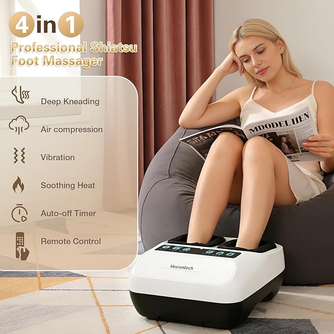 Foot Massager with Heat Electric Foot Massager Machine for Plantar Fasciitis Neuropathy with Remote Control Adjustable Vibration and Compression (White)