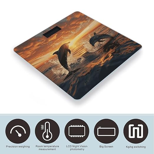 Dolphins Jumping Out of The Water at Sunset Bathroom Scale for Body Weight Bathroom Weighing Scale with Backlit LCD Display Highly Accurate Measures Weight Up to 180kg