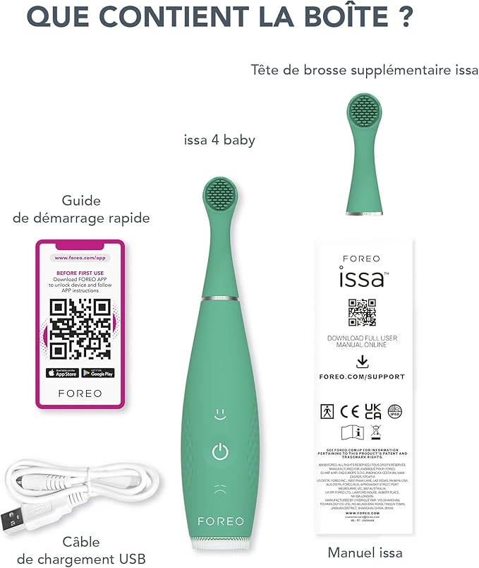 FOREO ISSA 4 Baby – Silicone Sonic Electric Toothbrush Bundle for Babies 2-Sided Bristles Fun Smile Feature Gum Massage 12 Months of Care with Extra Brush Head Travel-Friendly - Kiwi Green