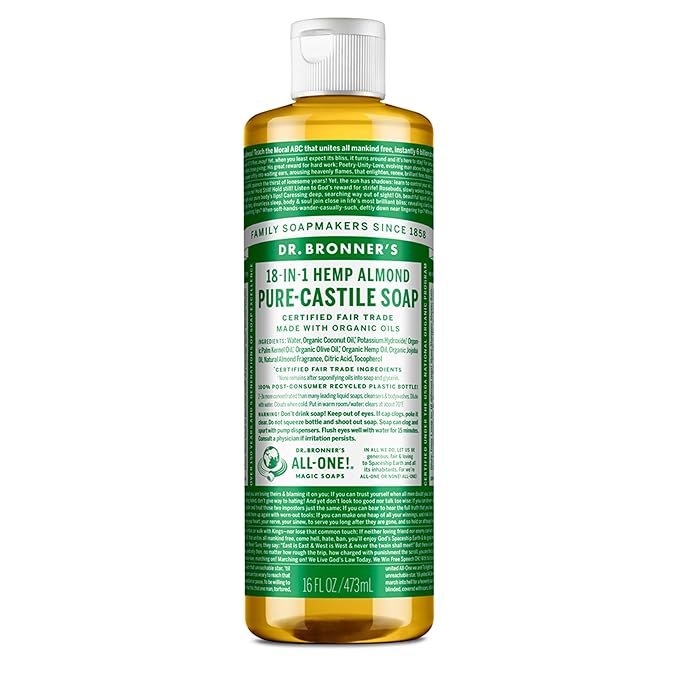 Dr. Bronner's Pure-Castile Magic Soap Liquid (Almond 16 Ounce) - Made with Regenerative Organic Certified Oils 18-in-1 Uses: Face Body Hair Laundry Pets and Dishes Concentrated Vegan Non-GMO