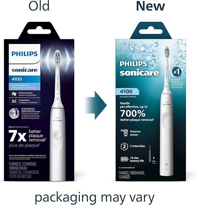 Philips Sonicare 4100 Series Electric Toothbrush - Sonic Toothbrush with Advanced Sonic Technology Pressure Sensor Two Intensity Settings Smartimer &amp Quadpacer White Model HX3681/23