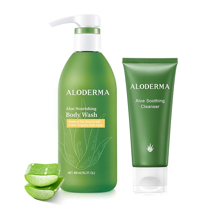 Aloderma Aloe Shower Set - Nourishing Body Wash Soothing Facial Cleanser - Hydrating Soothing Moisturizing