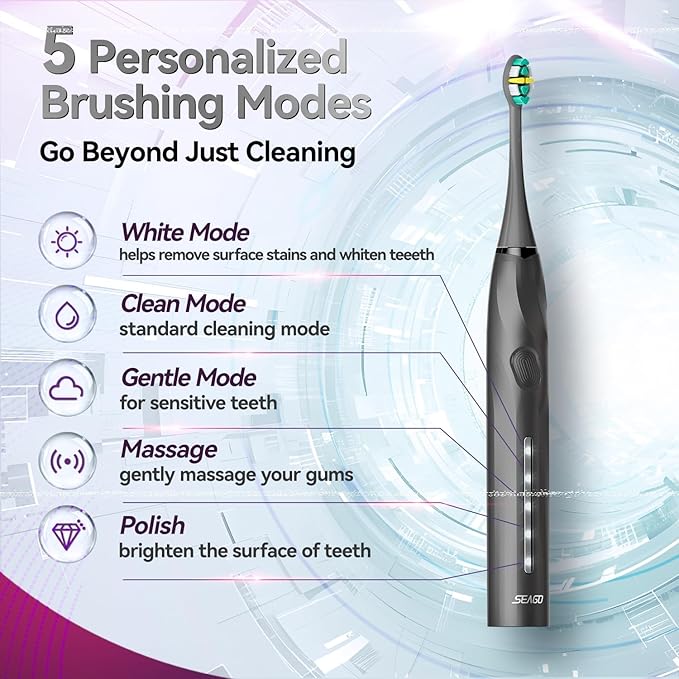 SEAGO Electric Toothbrush with 8 Soft Bristle Heads for Adults Pressure Sensor 5 Modes with 2 Minutes Build in Smart Timer Rechargeable Travel Toothbrush with Brush Hold and Travel Case(2752Black)