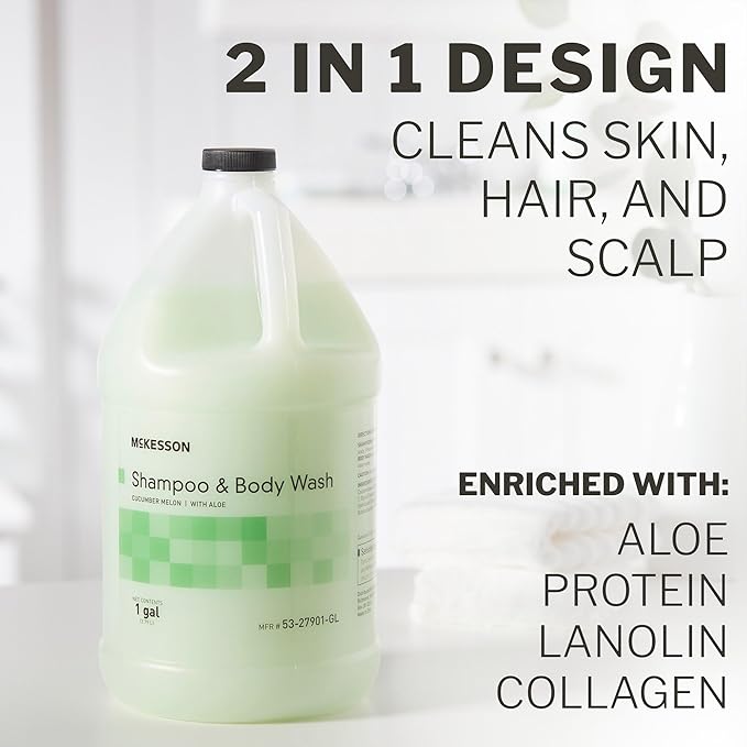 McKesson Body Wash and Shampoo - 1  Gallon Bulk Refill Full Body Wash with Aloe Cucumber Melon Scent - Sensitive Skin &amp Hair 2‑in‑1