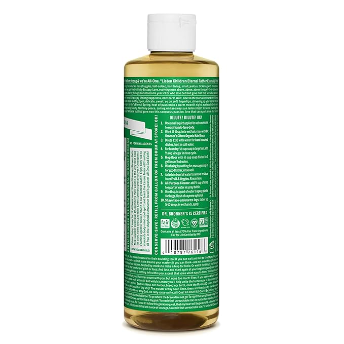 Dr. Bronner's Pure-Castile Magic Soap Liquid (Almond 16 Ounce) - Made with Regenerative Organic Certified Oils 18-in-1 Uses: Face Body Hair Laundry Pets and Dishes Concentrated Vegan Non-GMO