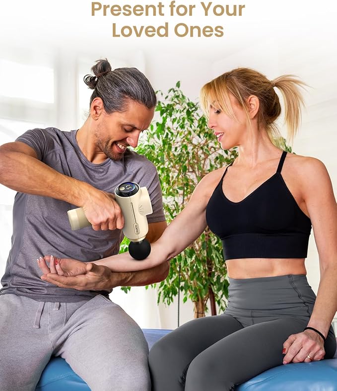 RENPHO Active Massage Gun Deep Tissue Percussion Massager for Back and Neck Portable Handheld Massager with 5 Speeds 5 Attachments Carry Case Beige