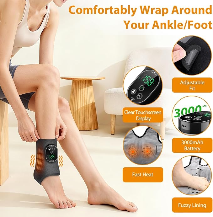 Cordless Ankle Massager with Heat Foot Massager Ankle Heating Pad Wrap for Pain Relief 6 Heats 3 Vibrations Timer &amp Auto Shut Off