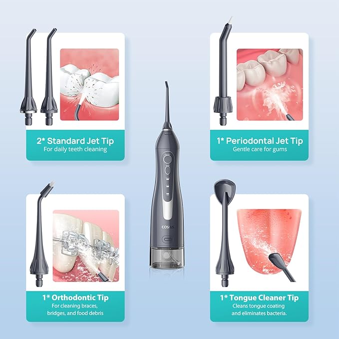 COSLUS Water Dental Flosser Teeth Pick C20(F5020E): Portable Cordless Oral Irrigator 300ML Rechargeable Travel Irrigation Cleaner IPX7 Waterproof Electric Flossing Machine for Teeth Cleaning Grey
