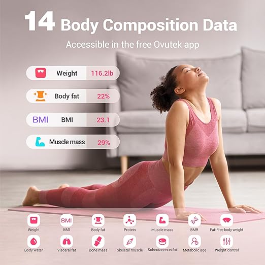 Ovutek Smart Scale for Body Weight Digital Bathroom Scale BMI Weighing Body Fat Scale Accurate Body Composition Scale Monitor for People's Health with Smartphone App Compact Size 400lb (Pink)