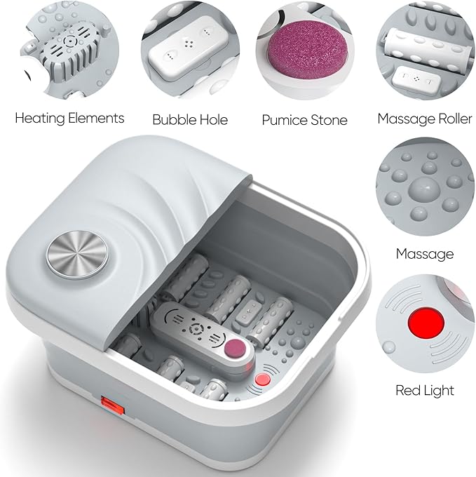 LUBBYGIM New Collapsible Foot Spa Bath with Heat Foldable Foot Bath Massager with Bubble Red Light 6 Shiatsu Massage Rollers Foot Soaking Tub with Temperature Control for Soft Feet &amp Relax(Gra
