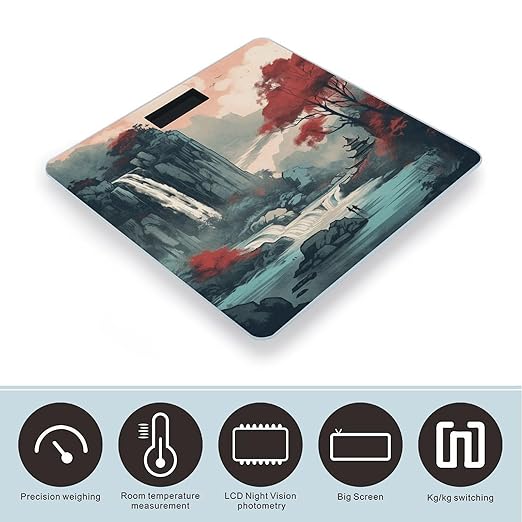 Waterfall Scene Painting Scale for Body Weight Accurate Digital Bathroom Scale Toughened Glass High Precision Scales Smart Weight Scales with Large LCD Backlight Display Weighing Machine