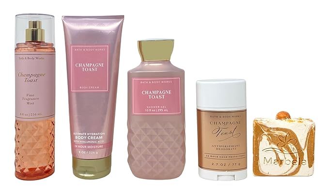Bath &amp Body Works Champagne Toast Fine Fragrance Mist Daily Nourishing Body Lotion Shower Gel and Antiperspirant Deodorant with a Peach Gardenia Bar Soap