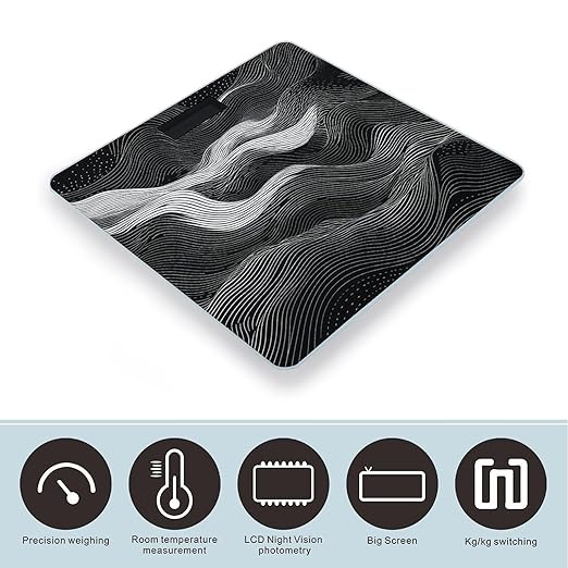White Wave Pattern Bathroom Scale Automatic Power On/Off Body Scales LCD Backlight Display Square Digital Scale Rounded Corners Bathroom Scales for Home Bedrooms
