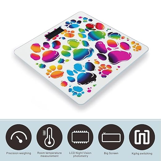 Colorful Dog Paw Print Scale for Body Weight Sturdy Tempered Glass Weighing Scales with LCD Display Accurate Digital Bathroom Scale Convenient Body Fat Smart Scales Easy Read